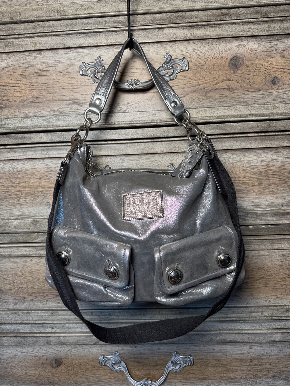 Vintage Y2K Coach Poppy Large Metallic Silver Bag with Front Pockets.  Like New.